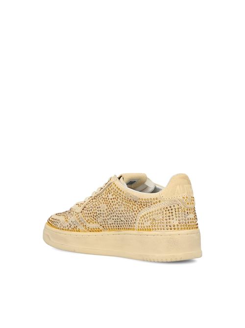 Sneakers da donna in pelle con applicazioni all-over di cristalli dorati, colore beige AUTRY | AULWNA03