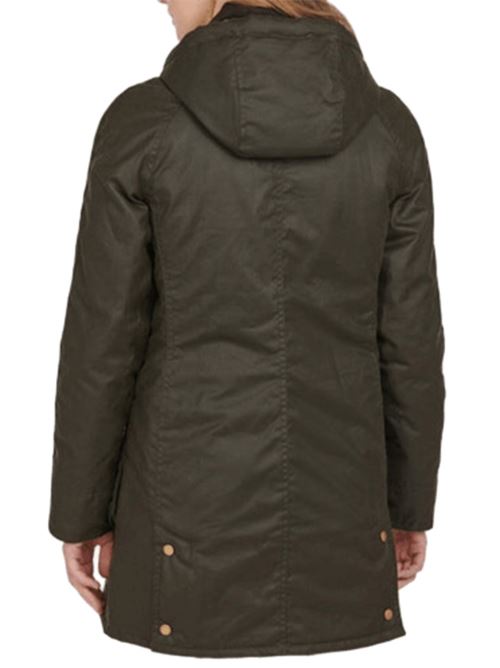 Giacca da donna lunghezza 3/4 con cappuccio in cotone cerato colore verde oliva BARBOUR | LWX0534OL71