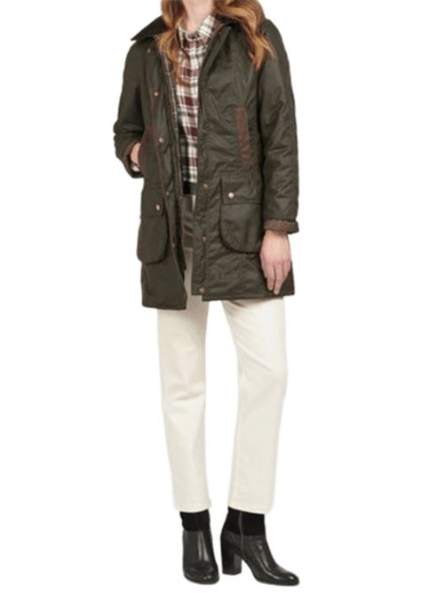 Giacca da donna lunghezza 3/4 con cappuccio in cotone cerato colore verde oliva BARBOUR | LWX0534OL71
