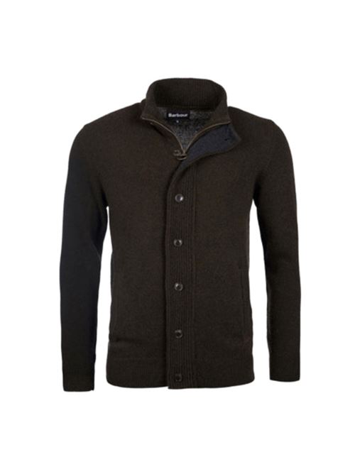 Cardigan da uomo in lana con chiusura con zip e bottoni e tasche sui gomiti col marrone scuro BARBOUR | MKN0731MKNGN73