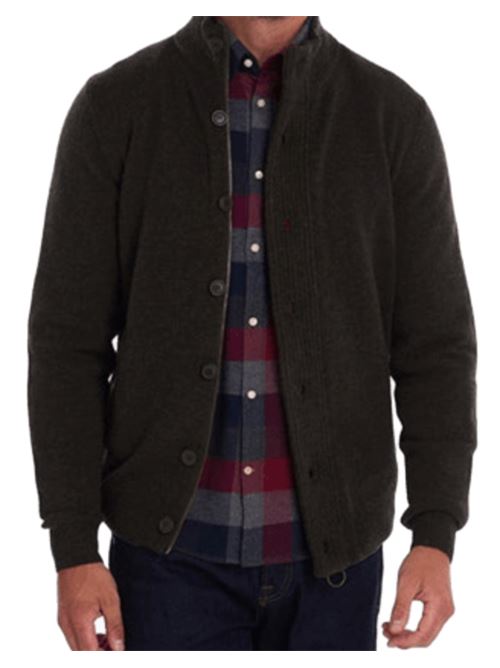 Cardigan da uomo in lana con chiusura con zip e bottoni e tasche sui gomiti col marrone scuro BARBOUR | MKN0731MKNGN73