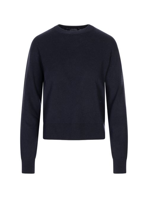 Maglia da donna in lana con toppe color cammello sui gomiti, girocollo, manica lunga, colore blu S MAX MARA | 9366095106006