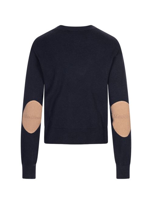 Maglia da donna in lana con toppe color cammello sui gomiti, girocollo, manica lunga, colore blu S MAX MARA | 9366095106006