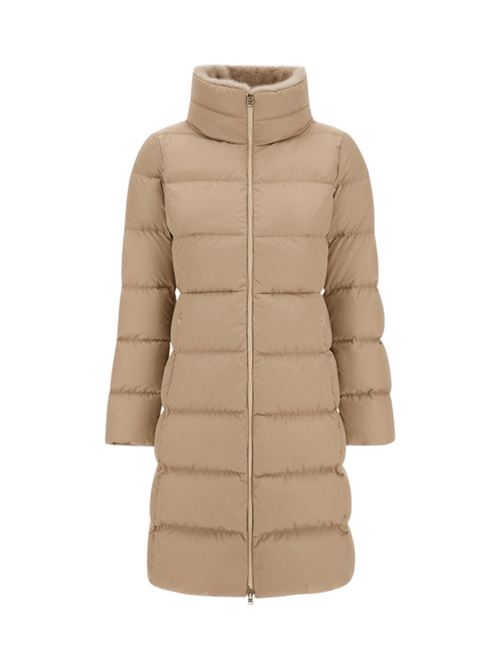 Giaccone lungo da donna in raso con collo in eco pelliccia, colore chantilly HERNO | PIUMINI | PI002124D12170Z1985