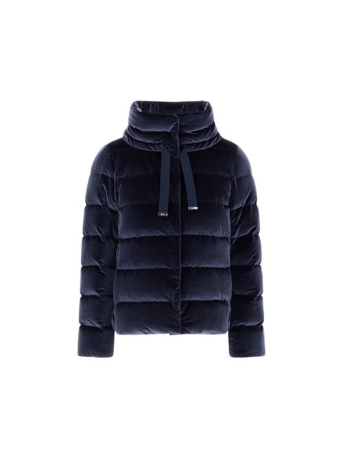 Giaccone da donna in velluto liscio stretch, collo alto, imbottitura in piuma, colore blu HERNO | PIUMINI | PI002180D15020S9200