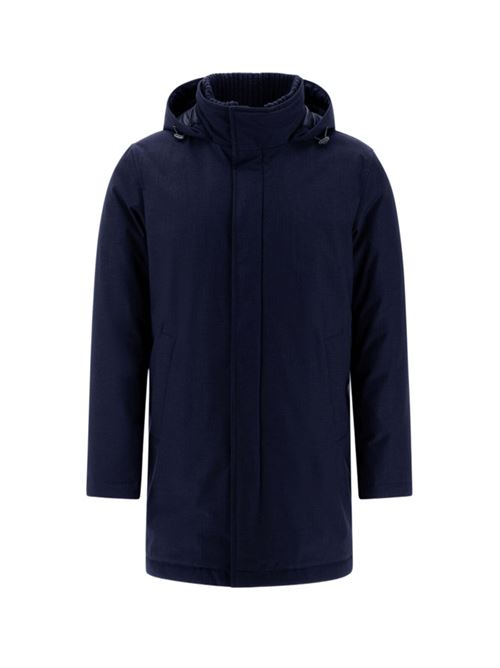 Giaccone da uomo con cappuccio in tessuto tecnico imbottito in piuma, colore blu navy HERNO | GIACCONI E GIUBBOTTI | PI001155U126389200