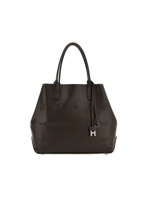 Borsa shopping da donna in pelle con l'indirizzo del brand in rilievo tono su tono, colore marrone HOGAN | BORSE | KBW01TA0300TZPS808