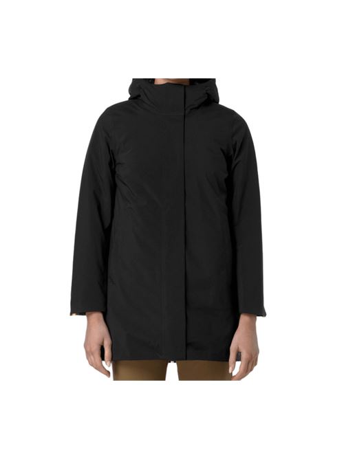 Giaccone da donna con cappuccio lunghezza 3/4 tessuto tecnico, colore nero K-WAY | K5136DWAT0
