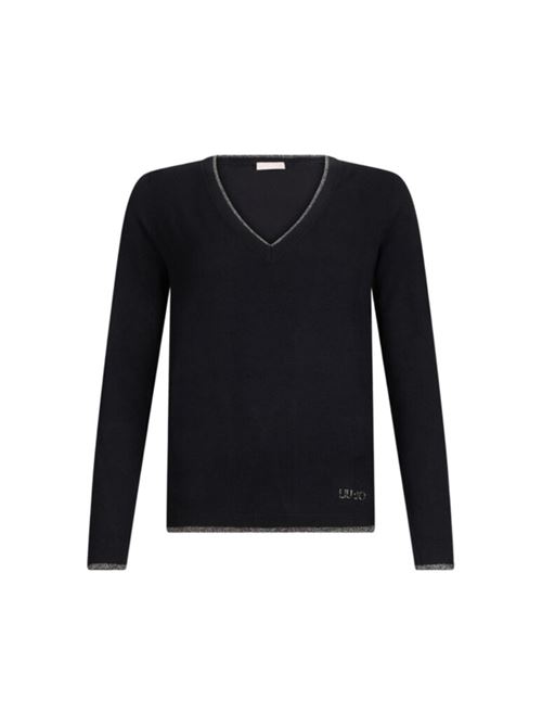 Maglia da donna in misto viscosa e lurex, scollo a V, colore nero LIU JO | MAGLIERIA | MF5227-MS49I22222