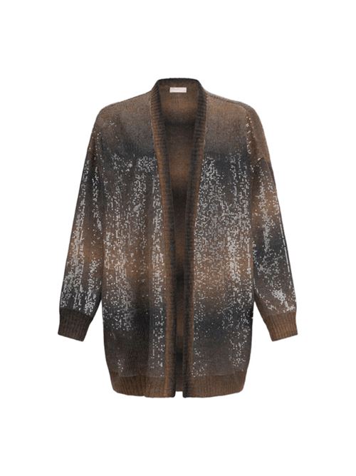 Cardigan lungo da donna con paillettes all-over sullo sfondo sfumato nei toni di marrone. LIU JO | CARDIGAN E PULLOVER | MF5248-MA14RS9472