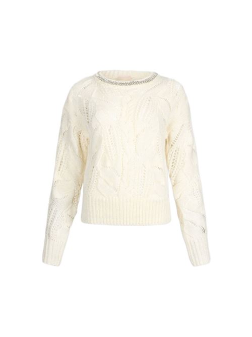 Maglia da donna in misto lana, traforata con pietre gioiello, colore bianco latte LIU JO | MAGLIERIA | MF5452-MA37R10701