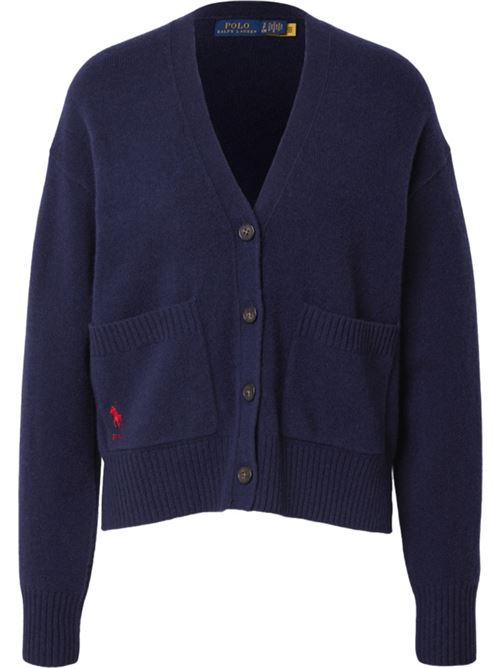 Cardigan da donna in misto lana, scollo a V, tasche applicate, colore navy POLO RALPH LAUREN | CARDIGAN E PULLOVER | 211914536001