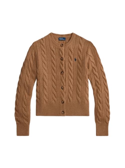 Cardigan da donna in misto lana e cashmere con lavorazione a trecce, girocollo, colore camel POLO RALPH LAUREN | CARDIGAN E PULLOVER | 211972104001