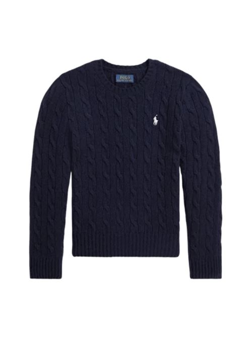 Maglia da bambina in misto lana e cashmere, lavorazione a trecce, girocollo, colore hunter navy. POLO RALPH LAUREN | MAGLIERIA | 313877375008