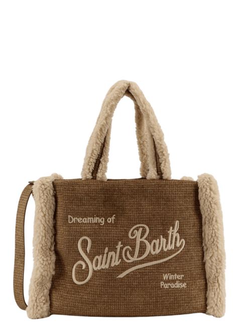Borsa da donna in misto lana con dettagli in sherpa, a mano/spalla,stampa pied de poule all-over, color cammello. MC2 SAINT BARTH | COL003100285I19EMB