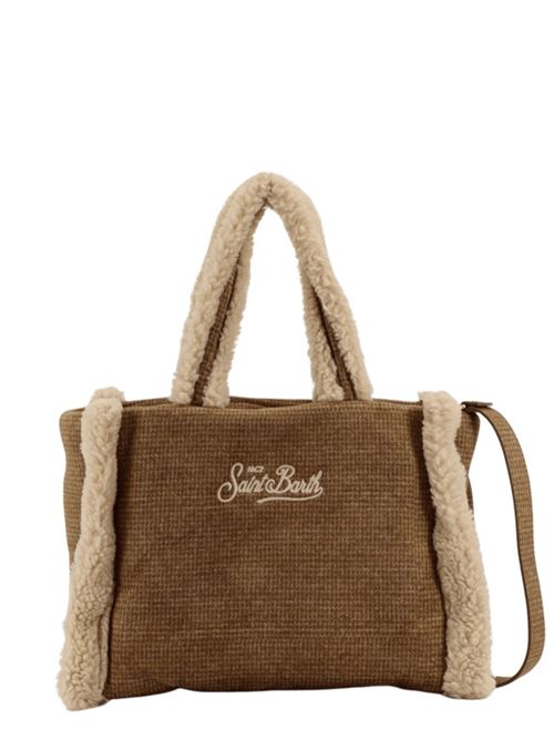 Borsa da donna in misto lana con dettagli in sherpa, a mano/spalla,stampa pied de poule all-over, color cammello. MC2 SAINT BARTH | COL003100285I19EMB