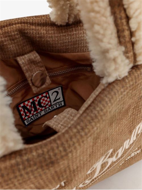 Borsa da donna in misto lana con dettagli in sherpa, a mano/spalla,stampa pied de poule all-over, color cammello. MC2 SAINT BARTH | COL003100285I19EMB