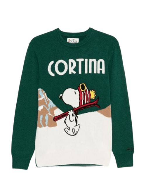 Maglione da uomo in misto lana, girocollo, maxi jaquard  frontale CORTINA SNOOPY, colore verde/ghiaccio. MC2 SAINT BARTH | HER001101149I51