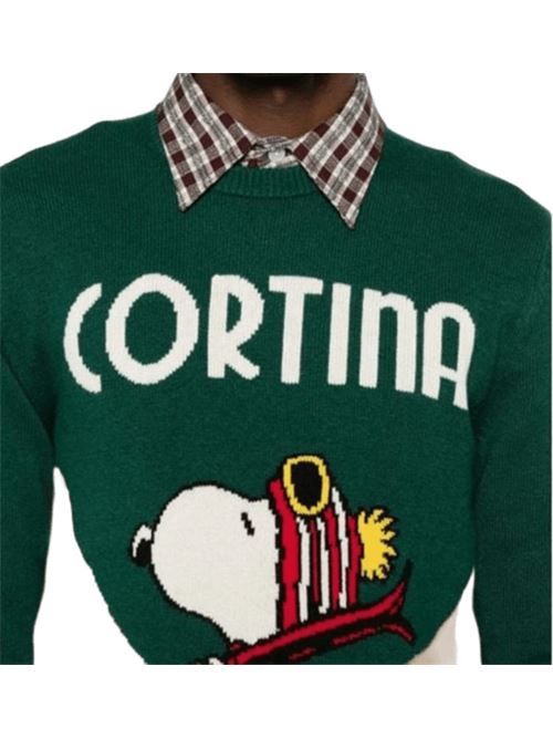 Maglione da uomo in misto lana, girocollo, maxi jaquard  frontale CORTINA SNOOPY, colore verde/ghiaccio. MC2 SAINT BARTH | HER001101149I51