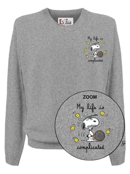 Maglione da uomo in misto lana e cashmere, girocollo, ricamo MY LIFE IS COMPLICATED SNOOPY, colore grigio. MC2 SAINT BARTH | HER002400543I15M