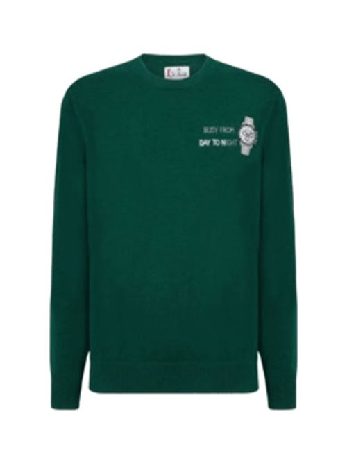 Maglione da uomo in misto lana e cashmere, girocollo, ricamo BUSY FROM DAY TO NIGHT WATCH, colore verde. MC2 SAINT BARTH | HER002402815I51