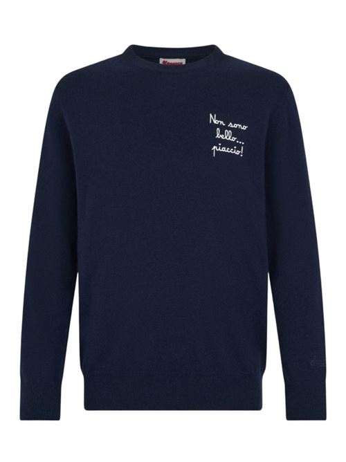 Maglione da uomo in misto lana e cashmere, girocollo, ricamo NON SONO BELLO... PIACCIO!, colore blu. MC2 SAINT BARTH | HER002402828I61