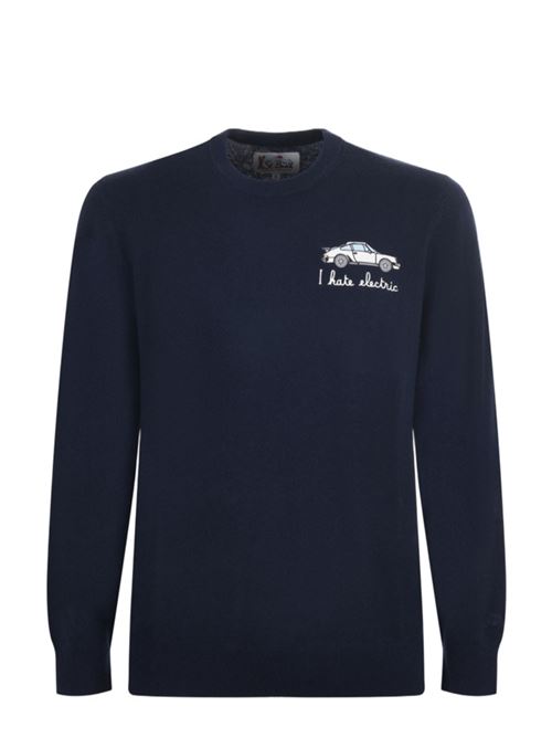 Maglione da uomo in misto lana e cashmere, girocollo, ricamo I HATE ELECTRIC CAR, colore blu. MC2 SAINT BARTH | HER002403039I61