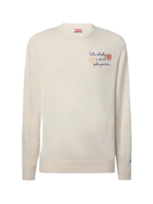 Maglione da uomo in misto lana e cashmere, girocollo, ricamo SOLE, WHISKY E SEI IN POLE POSITION, color avorio. MC2 SAINT BARTH | HER002403391I10