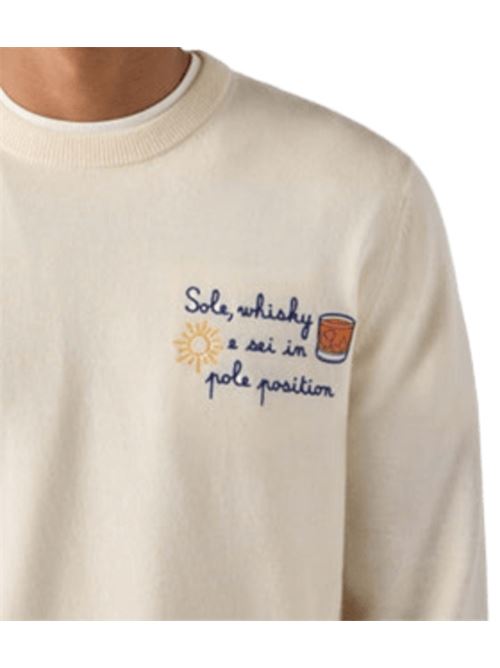 Maglione da uomo in misto lana e cashmere, girocollo, ricamo SOLE, WHISKY E SEI IN POLE POSITION, color avorio. MC2 SAINT BARTH | HER002403391I10