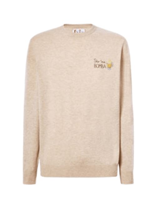 Maglione da uomo in misto lana e cashmere, girocollo, ricamo STO 'NA BOMBA, colore beige. MC2 SAINT BARTH | HER002403499I11