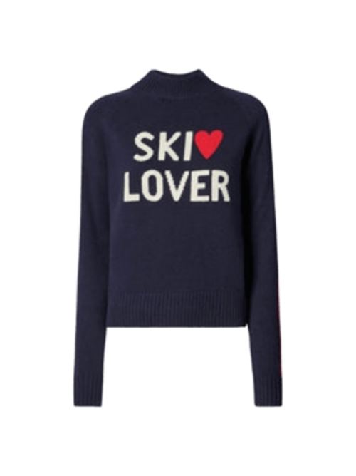 Maglia da donna in misto lana e cashmere, lupetto,  jacquard SKI LOVER e bande bianche e rosse sulle maniche, colore blu MC2 SAINT BARTH | PEA000100446I6141