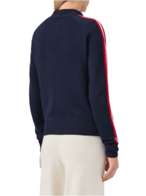 Maglia da donna in misto lana e cashmere, lupetto,  jacquard SKI LOVER e bande bianche e rosse sulle maniche, colore blu MC2 SAINT BARTH | PEA000100446I6141