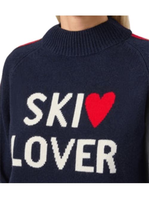 Maglia da donna in misto lana e cashmere, lupetto,  jacquard SKI LOVER e bande bianche e rosse sulle maniche, colore blu MC2 SAINT BARTH | PEA000100446I6141