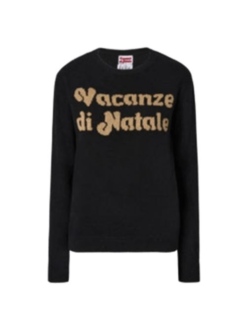 Maglia da donna in misto lana e cashmere, girocollo, jacquard lurex oro VACANZE DI NATALE  sullo sfondo nero. MC2 SAINT BARTH | QUE001000432I00OR