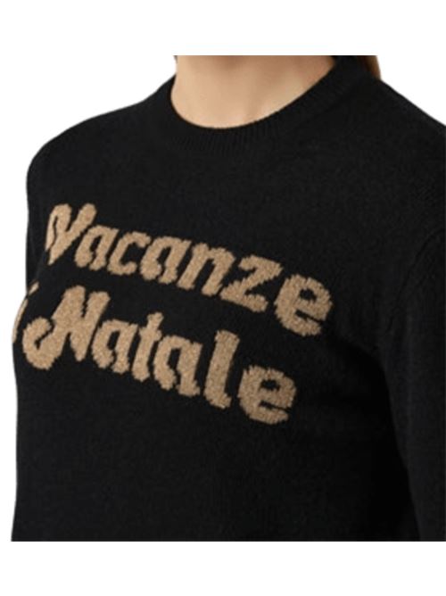 Maglia da donna in misto lana e cashmere, girocollo, jacquard lurex oro VACANZE DI NATALE  sullo sfondo nero. MC2 SAINT BARTH | QUE001000432I00OR
