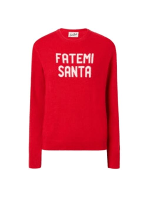 Maglia da donna in misto lana e cashmere, girocollo, jacquard FATEMI SANTA bianco sullo sfondo rosso. MC2 SAINT BARTH | QUE001000585I41