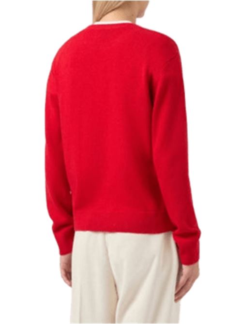 Maglia da donna in misto lana e cashmere, girocollo, jacquard FATEMI SANTA bianco sullo sfondo rosso. MC2 SAINT BARTH | QUE001000585I41