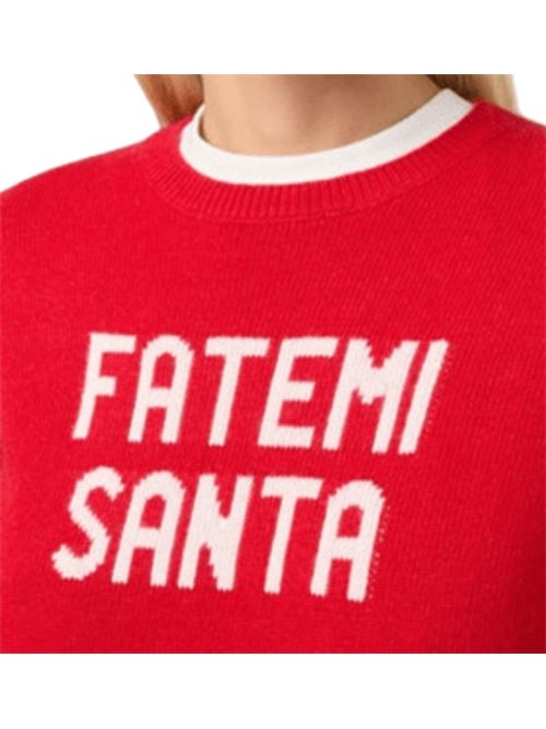 Maglia da donna in misto lana e cashmere, girocollo, jacquard FATEMI SANTA bianco sullo sfondo rosso. MC2 SAINT BARTH | QUE001000585I41