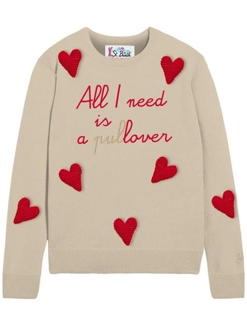Maglia da donna in misto lana e cashmere, girocollo, CUORI crochet applicati all-over, scritta ALL I NEED oro/rosso sullo sfondo beige MC2 SAINT BARTH | QUE001000671I11PATCH