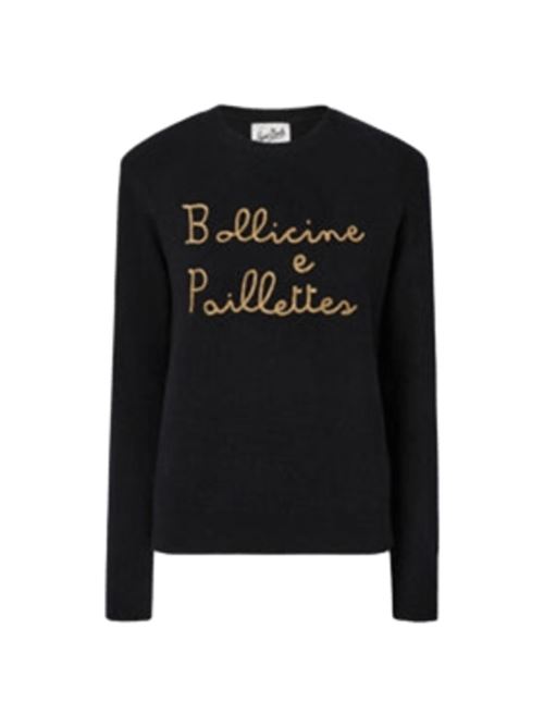 Maglia da donna in misto lana e cashmere, girocollo, scritta a cordonetto BOLLICINE E PAILLETTES oro sullo sfondo nero. MC2 SAINT BARTH | QUE001003951I00LEMB