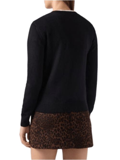 Maglia da donna in misto lana e cashmere, girocollo, scritta a cordonetto BOLLICINE E PAILLETTES oro sullo sfondo nero. MC2 SAINT BARTH | QUE001003951I00LEMB