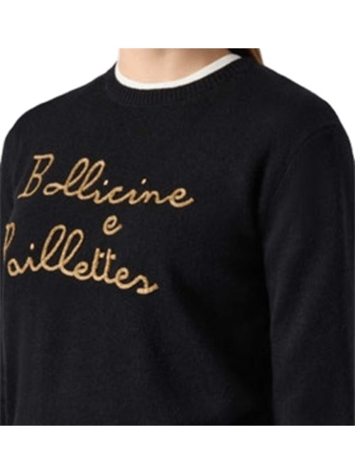 Maglia da donna in misto lana e cashmere, girocollo, scritta a cordonetto BOLLICINE E PAILLETTES oro sullo sfondo nero. MC2 SAINT BARTH | QUE001003951I00LEMB