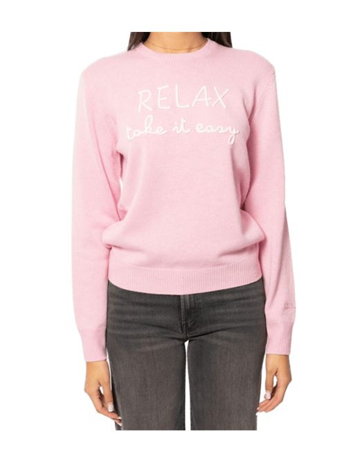 Maglia da donna in misto lana e cashmere, girocollo, scritta a cordonetto in bianco RELAX TAKE IT EASY , colore rosa. MC2 SAINT BARTH | QUE001003960I23EMB