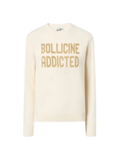 Maglia da donna in misto lana e cashmere, girocollo, scritta jacquard  lurex BOLLICINE ADDICTED oro sullo sfondo avorio. MC2 SAINT BARTH | QUE001004021I10