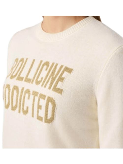 Maglia da donna in misto lana e cashmere, girocollo, scritta jacquard  lurex BOLLICINE ADDICTED oro sullo sfondo avorio. MC2 SAINT BARTH | QUE001004021I10