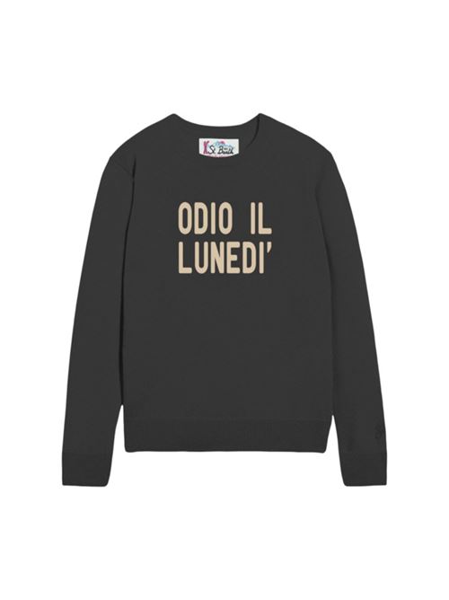 Maglia da donna in misto lana e cashmere, girocollo, jacquard ODIO IL LUNEDì in  bianco sullo sfondo nero MC2 SAINT BARTH | QUE001004101I00