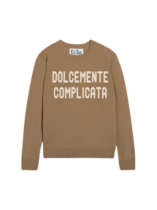 Maglia da donna in misto lana e cashmere, girocollo, jacquard avorio DOLCEMENTE COMLICATA  sullo sfondo nocciola MC2 SAINT BARTH | QUE001004108I19