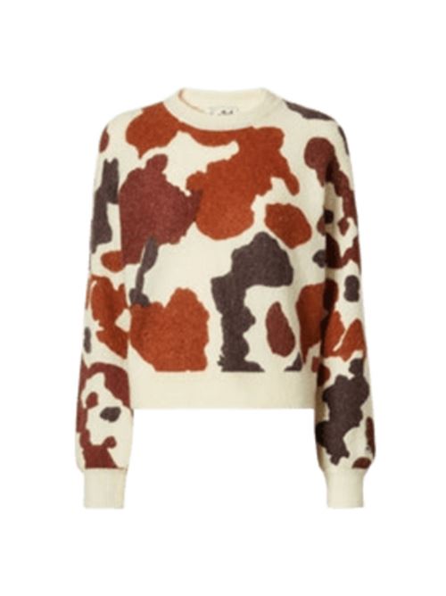 Maglia da donna in misto lana e cashmere, girocollo, stampa muccata all-over nei toni di marrone/cammello/ avorio MC2 SAINT BARTH | QUE003000364I10