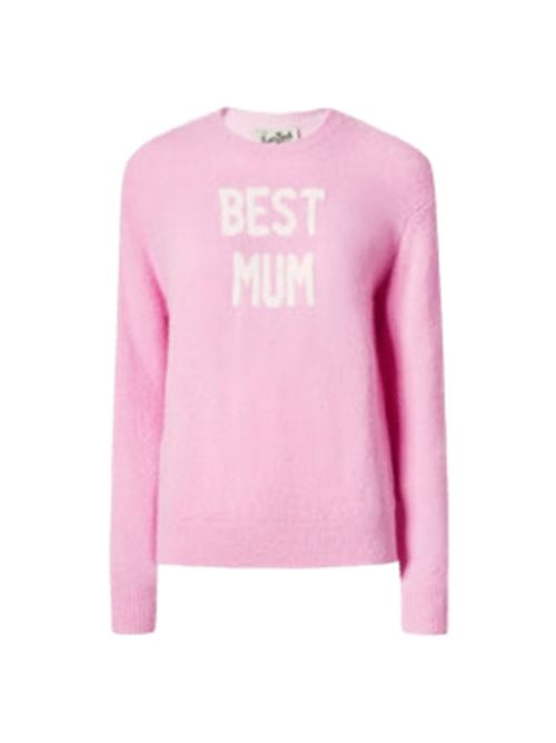 Maglia da donna in misto lana, girocollo,  jacquard BEST MUM in bianco sullo sfondo rosa. MC2 SAINT BARTH | QUE003302482I23