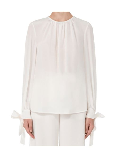 Blusa dfa donna in pura seta con maniche lunghe, polsini a nastro da annodare a fiocco, color avorio MAX MARA STUDIO | 6116015106042